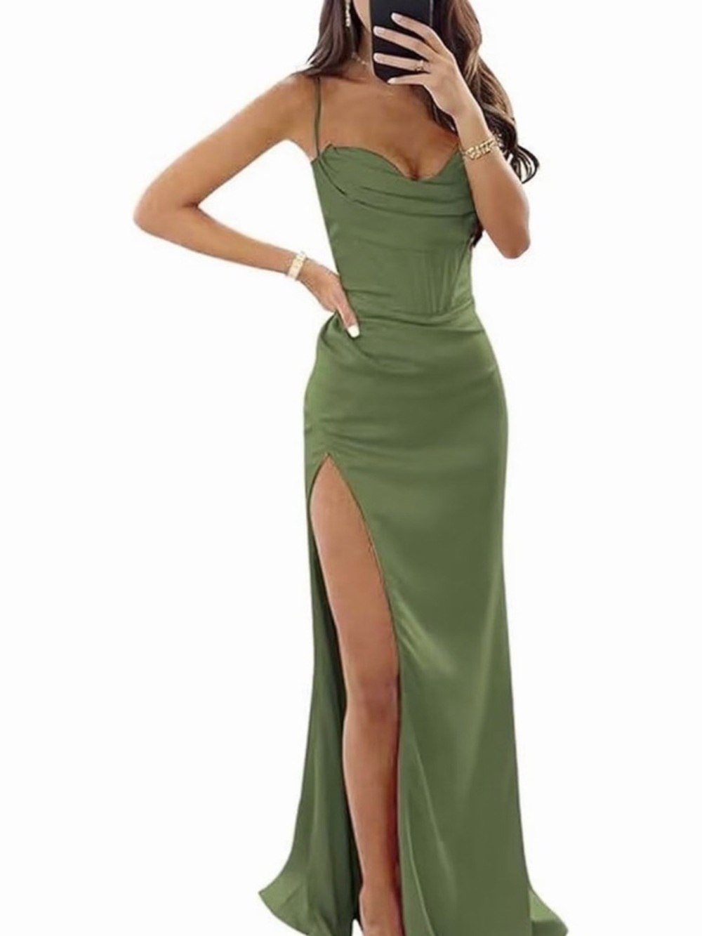 Olive Green Satin Spaghetti-Strap Evening Dress